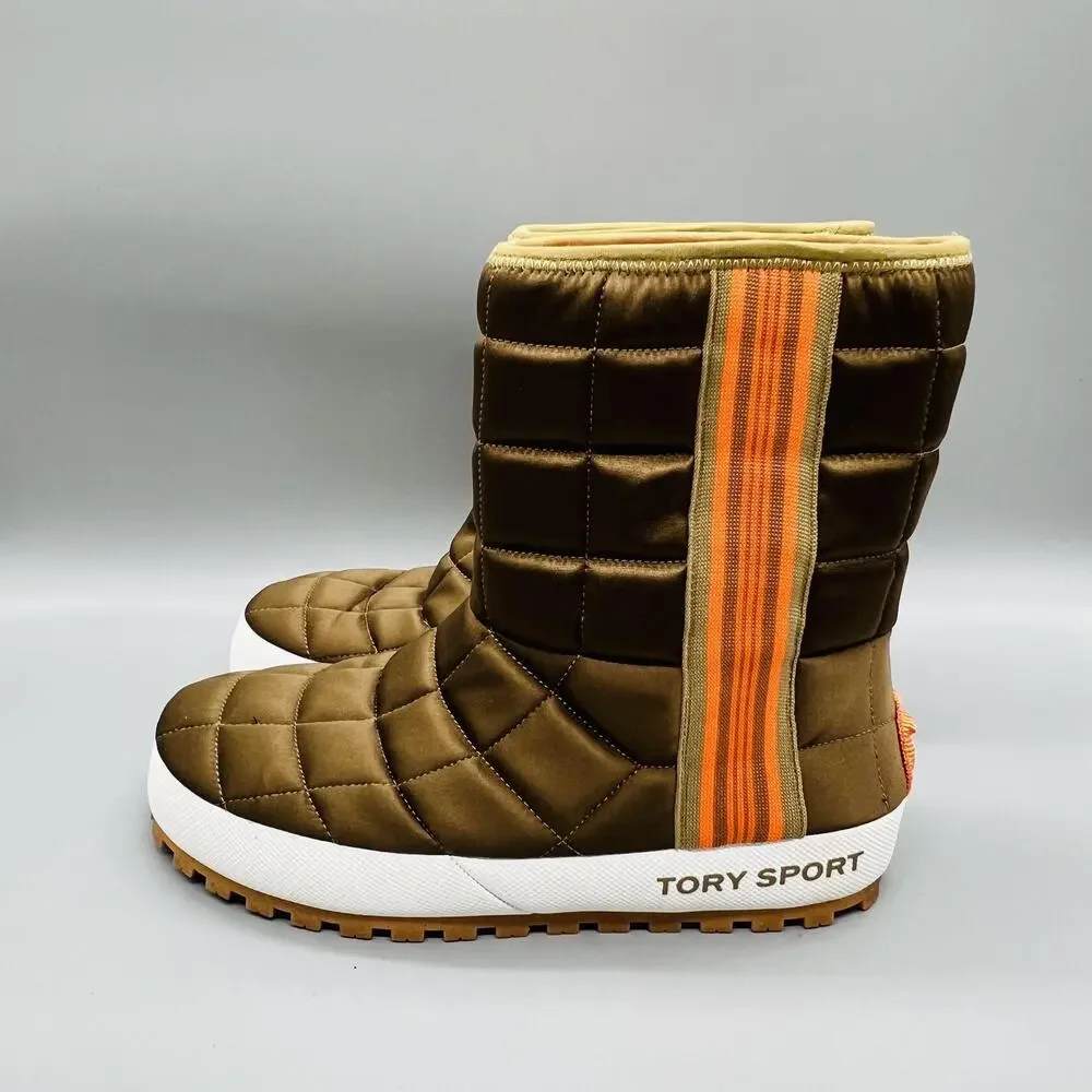 Tory Sport Boots Women 7 Brown Quilted Puffer Mid Calf Pull On Winter Snow Shoes